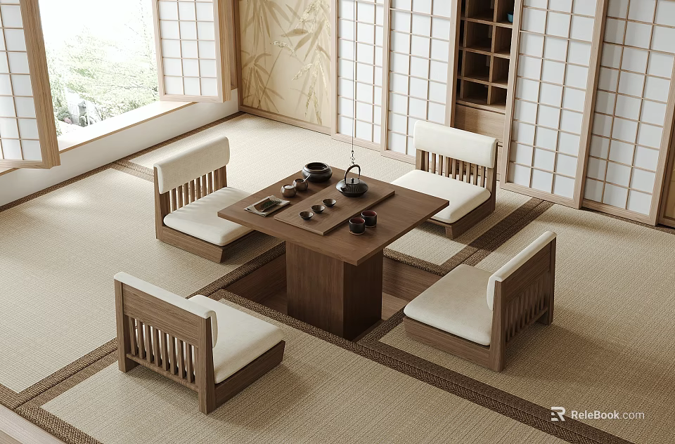 Traditional Japanese Tea Room With Tatami Seats And Tea Sets 3d model 