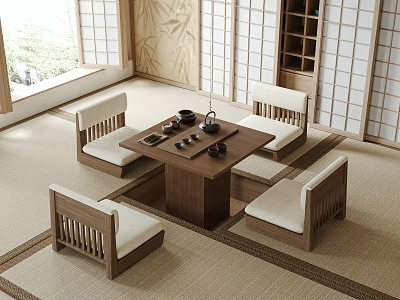 Traditional Japanese Tea Room With Tatami Seats And Tea Sets 3d model