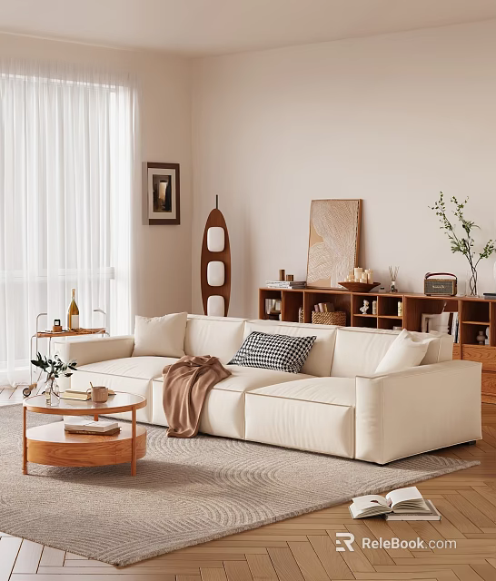 Cozy Living Room with Beige Sofa Checkered Cushion Brown Blanket Wooden Coffee Table Wall Art 3d model 