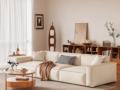 Cozy Living Room with Beige Sofa Checkered Cushion Brown Blanket Wooden Coffee Table Wall Art 3d model