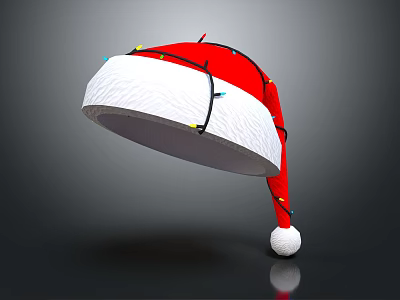 Red Santa Hat with Colorful String Lights White Brim White Pom Pom on Grey Background 3d model