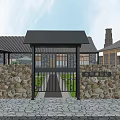 Rural Landscape with Wooden Pavilion Black Tiled Roof Green Lawn Stone Path Lanterns Outdoor Furniture