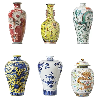 Traditional Ceramic Vases In Various Colors With Dragon Patterns And Decorative Details 3d model