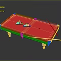 Red Wooden Billiard Table with Colored Balls Triangle Racks White Cue Ball and Pool Cues