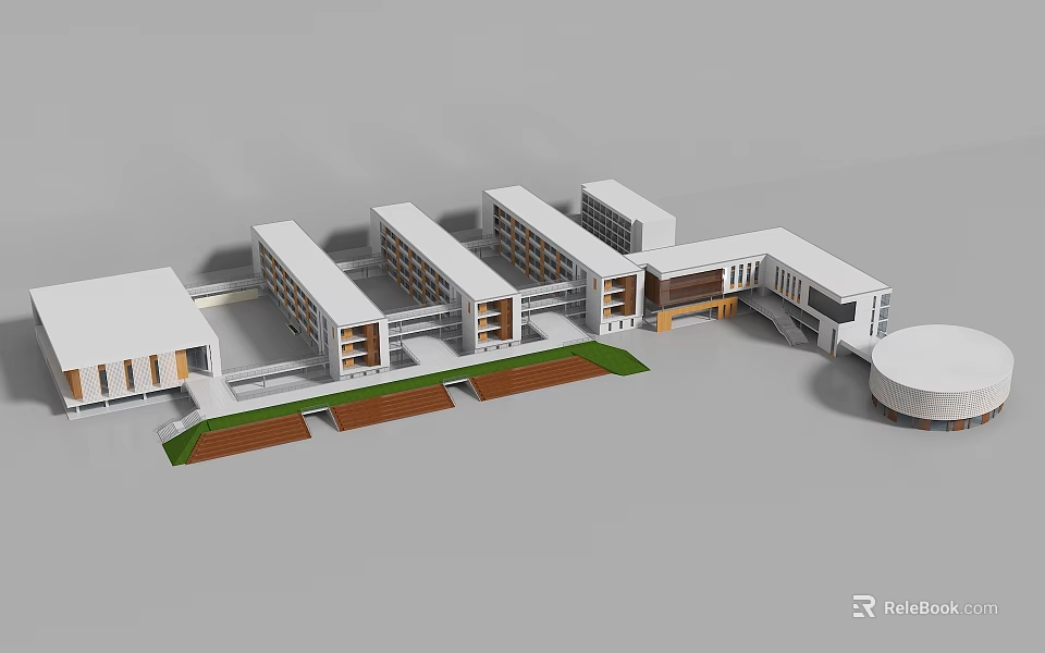 Modern School Building Complex With Connected Classrooms Courtyards Lawns And Circular Structure 3d model