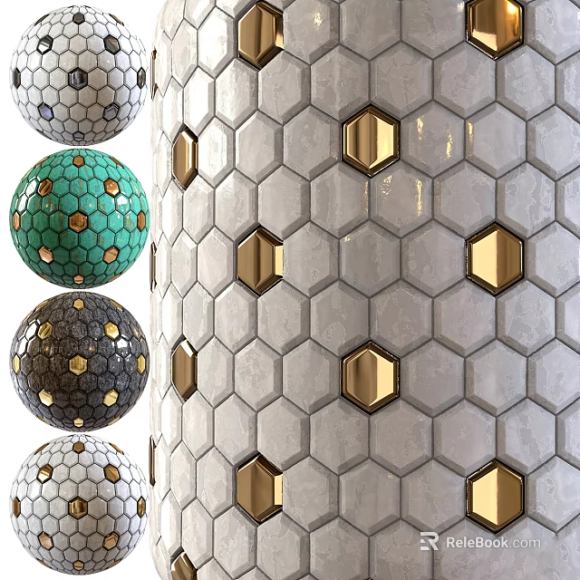 Modern Hexagonal Floor Tiles With Gold Accents And Patterned Design For Interior Decor 3d model 