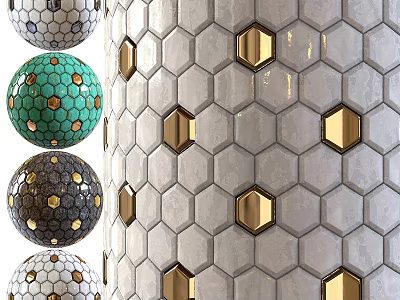Modern Hexagonal Floor Tiles With Gold Accents And Patterned Design For Interior Decor 3d model