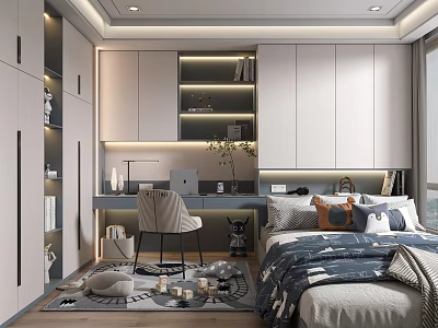 Modern Tatami Bedroom Interior Design With Built in Desk Storage And Cozy Bedding 3d model