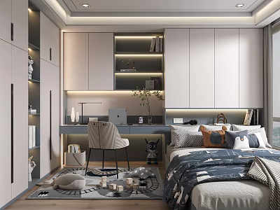Children's Tatami Bedroom Tatami Bed Desk Chair Boy's Room Children's Room Bookcase Hanging Cabinet Toy Jewelry Desk Cabinet Integrated 3d model
