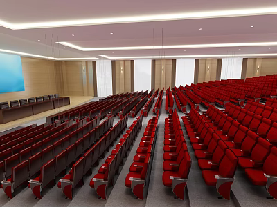Spacious Modern Conference Room Interior With Neatly Arranged Red Seats And Platform 3d model