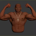 A Muscular Shirtless Man Flexing Arms Showing Muscles With Cross Necklace On Gray Background