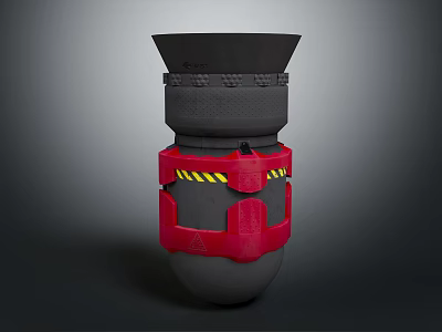 Gray Cylindrical Military Weapon With Red Protective Bands And Yellow Black Warning Stripes 3d model