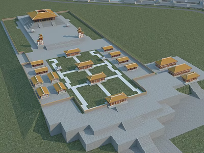 Ancient Architecture Complex With Symmetrical Layout Yellow Roofs Courtyards And Central Plaza 3d model