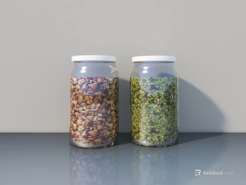 Two Glass Spice Jars With White Lids Filled With Brown And Green Spices 3d model 