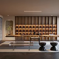 Traditional Tea Room Interior Design with Wooden Shelves Tea Sets Low Table and Potted Plant