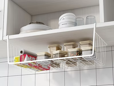 White Metal Wire Rack Under Kitchen Cabinet For Storing Jars And Food Boxes 3d model