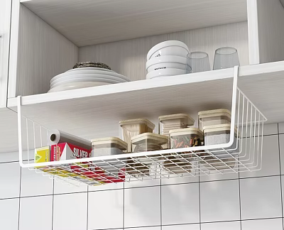 White Metal Wire Rack Under Kitchen Cabinet For Storing Jars And Food Boxes 3d model