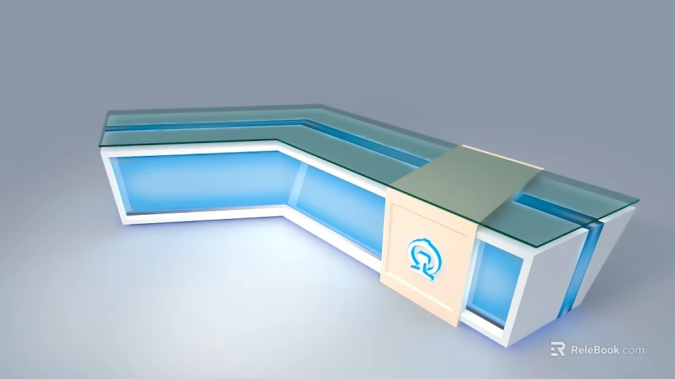 Modern L Shaped Office Desk With Glass Top Blue Lighting And Logo Panel 3d model 
