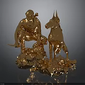 Shiny Golden Dog Sculpture with Warrior Figure on Rock Base Artwork