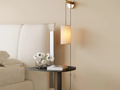 Modern Bedroom Wall Lamp with White Lampshade Golden Base by Bedside Nightstand and Warm Light 3d model
