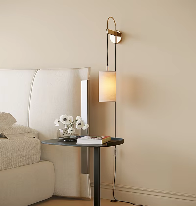 Modern Bedroom Wall Lamp with White Lampshade Golden Base by Bedside Nightstand and Warm Light 3d model