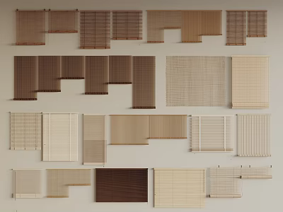 Venetian Blinds in Various Styles and Colors Neatly Arranged on Wall 3d model