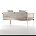 Modern Beige Sofa with Wooden Legs and Black Woven Armrests for Living Room Home Decor