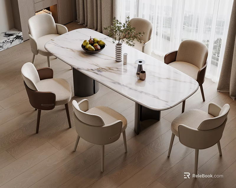 Elegant Oval Marble Dining Table Set With Six Beige Chairs And Green Plant Decor 3d model 