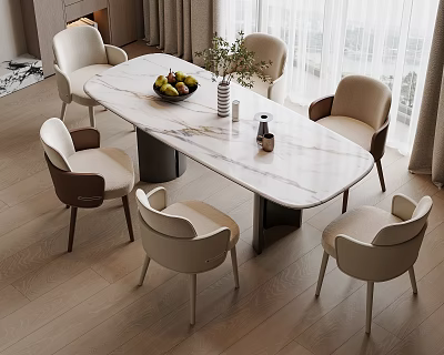Elegant Oval Marble Dining Table Set With Six Beige Chairs And Green Plant Decor 3d model
