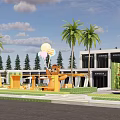 Modern Commercial Landscape Design With Palm Trees Outdoor Seating And Green Walkways