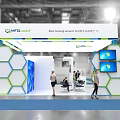 QMF.COM Modern Exhibition Booth With Blue Green Hexagonal Design Display Screens And Professional Staff Interaction