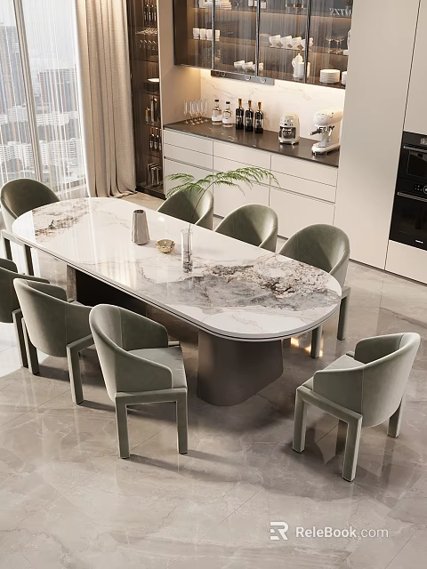 Modern Contemporary Dining Table Set With Marble Top And Six Grey Upholstered Chairs 3d model 
