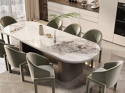 Modern Contemporary Dining Table Set With Marble Top And Six Grey Upholstered Chairs 3d model