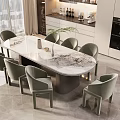 Modern Contemporary Dining Table Set With Marble Top And Six Grey Upholstered Chairs