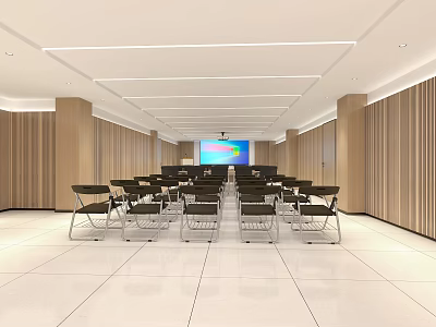 Spacious Conference Room With Wooden Walls White Ceiling Projection Screen And Neatly Arranged Black Chairs 3d model