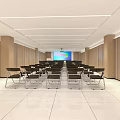 Spacious Conference Room With Wooden Walls White Ceiling Projection Screen And Neatly Arranged Black Chairs