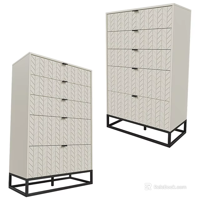 Modern Light Colored Sideboard With Geometric Pattern Drawers And Black Metal Legs 3d model 