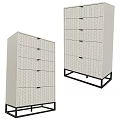 Modern Light Colored Sideboard With Geometric Pattern Drawers And Black Metal Legs