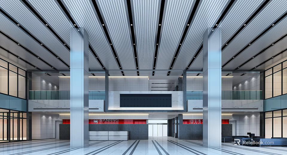 Modern Front Desk Reception Lobby With Marble Counter Glass Railings And Ceiling Lights 3d model 