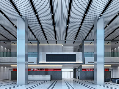 Modern Front Desk Reception Lobby With Marble Counter Glass Railings And Ceiling Lights 3d model