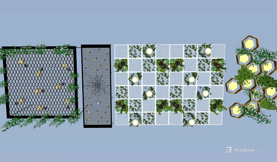 Ceiling Design With Grid Plants And Lighting In Multiple Sections 3d model