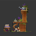 Wooden Desk And Bookshelf With Potted Plants Tea Set Purple Flowers And Scattered Green Leaves