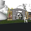 Rural Landscape Featuring Arched Brick Gate Colorful Trees Green Lawn And Cycling People