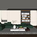 Modern Living Room Interior Design With Green Sofa Marble Coffee Table And Bookshelf