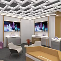 Modern THE VZUSA Store Interior With Purple Decor Golden Counter And Display Shelves