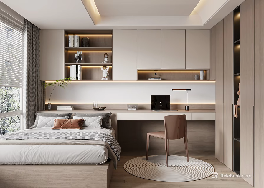 Tatami Bedroom Interior With Tatami Bed Writing Desk Bookshelf And Built In Cabinets 3d model 