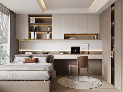 Tatami Bedroom Interior With Tatami Bed Writing Desk Bookshelf And Built In Cabinets 3d model