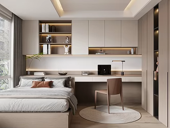 Modern Cream Tatami Bedroom Tatami Bed Wardrobe Book Chair Jewelry Desk 3d model