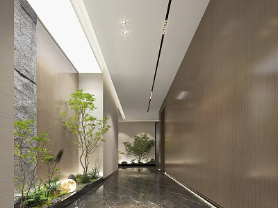 Modern Office Corridor Interior Design With Wooden Walls Green Plants And Ceiling Lights 3d model