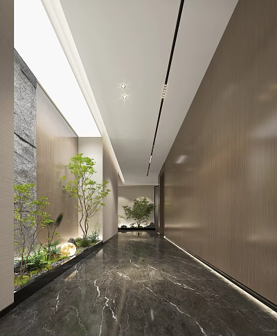 Modern Office Corridor Interior Design With Wooden Walls Green Plants And Ceiling Lights 3d model